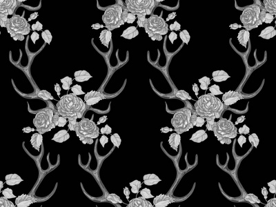 无缝夏季波西米亚部落时尚图案与装饰花鹿鹿角矢量背景完美的壁纸 图案填充 web 页 表面纹理 纺织。角和花卉玫瑰冠