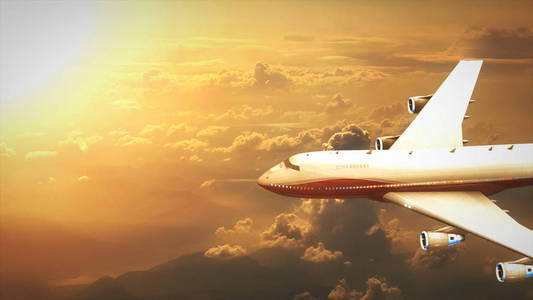 这架飞机飞行在天空中，夕阳的 3d 图