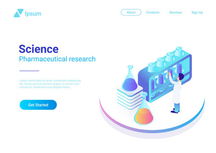 等距平面科学实验室矢量图解概念。使用试管的科学家