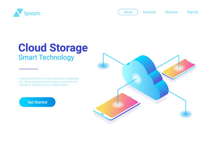 等距平面数据云存储网络矢量图。在线计算托管3d 等距概念。平板电脑, 手机智能手机对象