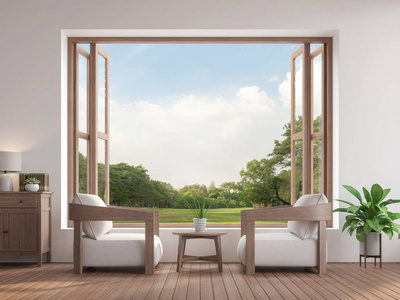 现代当代客厅3d 渲染, 有木地板配有布料和木制家具, 有大开窗可俯瞰园景