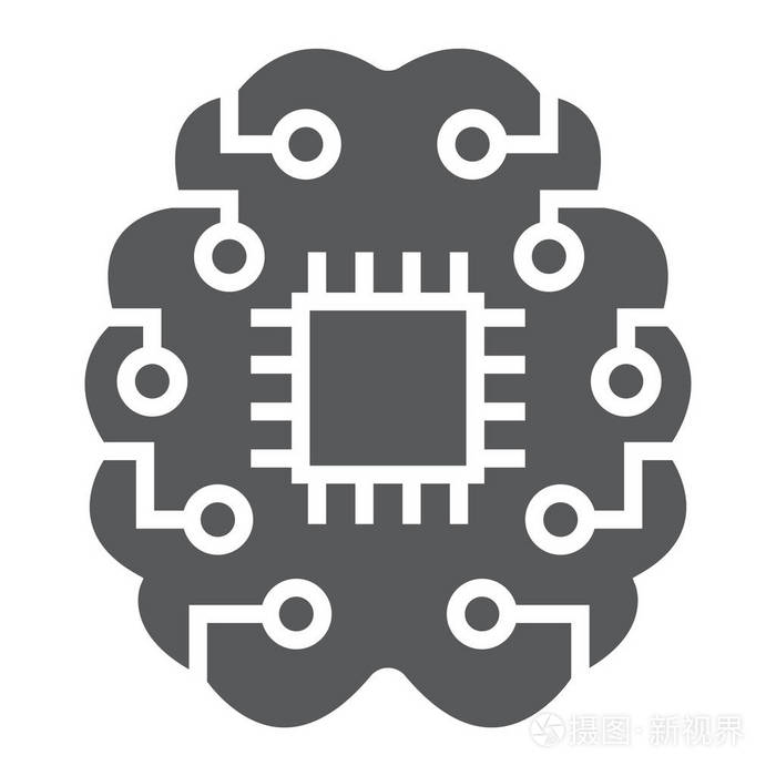机器思维雕文图标 数据和分析 脑芯片符号 矢量图形 在白色背景上