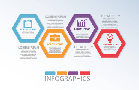 矢量图。带有信息图表 业务 演示文稿 网页设计 启动概念与 4 个选项，步骤 4 彩色几何形状六边形模板。文本和图标