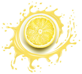 黄色柠檬片和飞溅与许多果汁滴