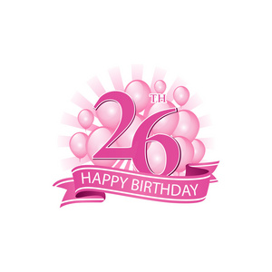 26 粉红色生日快乐标识与气球和爆裂的强光