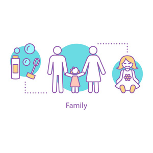 家庭概念图标。为人父母的想法薄线例证。母亲, 父亲和蹒跚学步的女儿。矢量隔离轮廓图