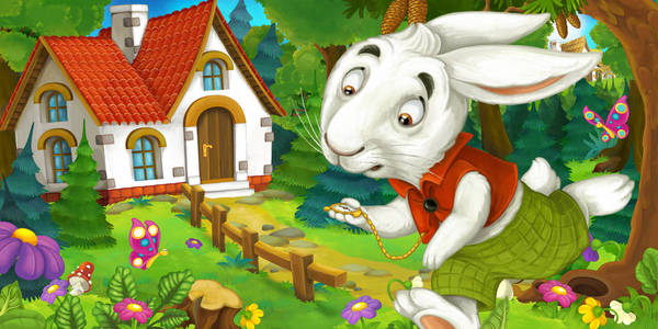 动漫老房子在森林里有趣的兔子是匆匆和运行为儿童插画的背景