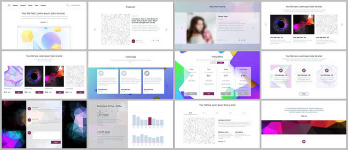 网站设计的矢量模板, 最小的演示文稿, 充满活力的几何背景的组合, 使时髦风格的简单形状。用户界面, 用户体验, Gui。标题