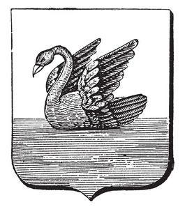 徽章, 西部澳洲, 这个盾形海豹有天鹅游泳在水, 复古线绘画或雕刻例证