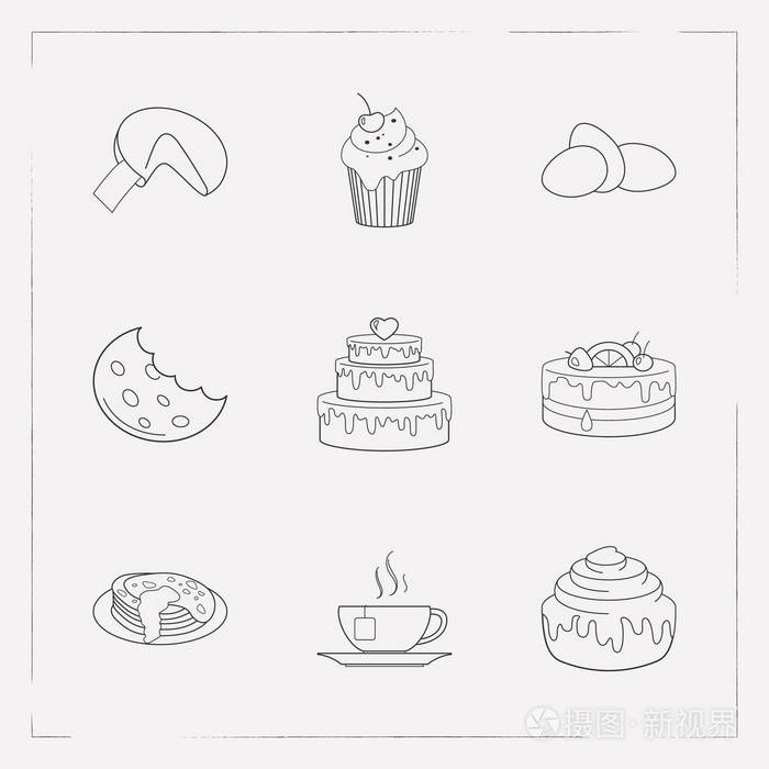 一套烘焙图标线风格符号与半吃饼干, 肉桂卷, 茶杯和其他图标为您的