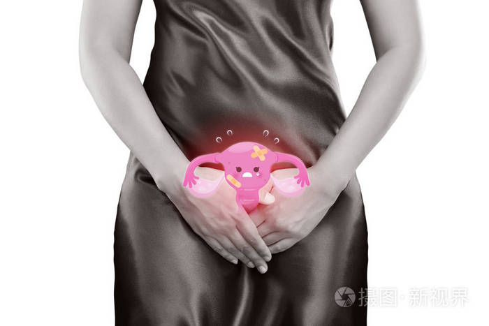 子宫的卡通片在女人的身上子宫内膜插图白色背景下的健康概念隔离