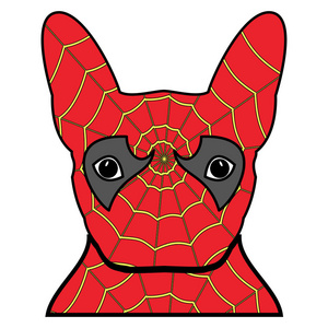 超级英雄符号作为在红色和黄色的法国斗牛犬字符覆盖着白色背景上的蜘蛛网