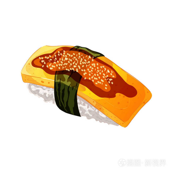 矢量图的卡通风格.鸡蛋寿司紫菜, 酱汁和芝麻.白色背景上孤立