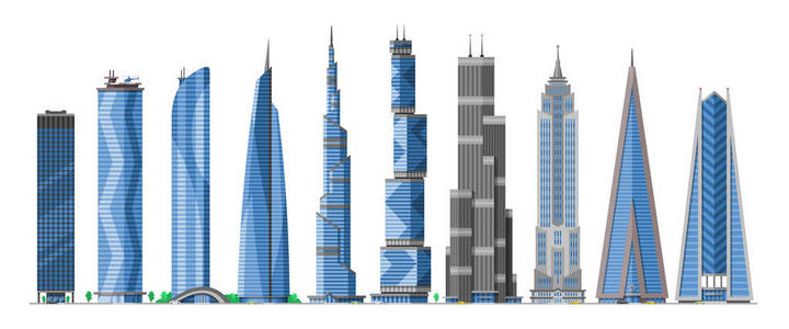 城市景观中的摩天大楼与商业公司的商业 officebuilding 和构建架构到高天空集插图在白色背景下隔离