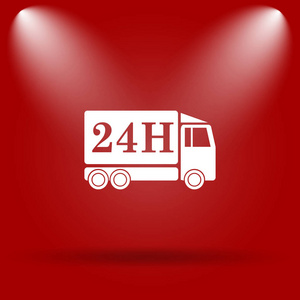 24h 送货车图标。红色背景上的平面图标