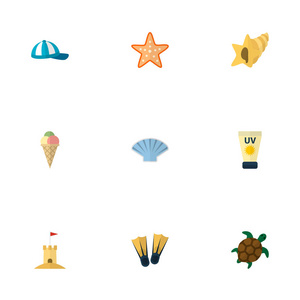 一套海滩图标平面风格的标志与防晒霜, 龟, 贝壳和其他图标为您的 web 移动应用程序徽标设计