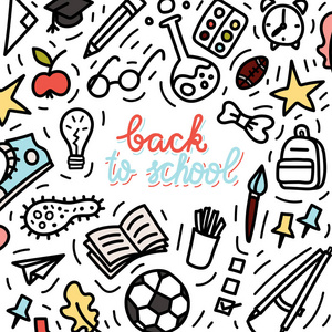 回到学校涂鸦风格插图。校车bagpack铅笔火箭运动鞋schoolboard 等