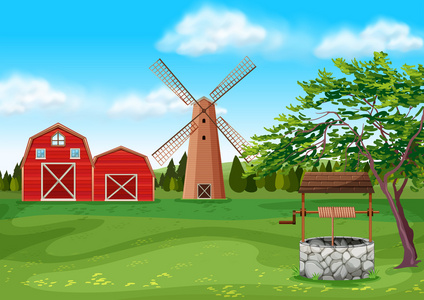 谷仓和风车在农家院里
