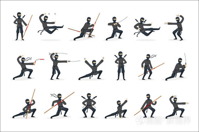 日本忍者刺客在全黑服装表演忍术武术艺术姿势与不同的武器集的插图
