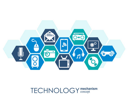 技术机制的概念。抽象背景综合的齿轮与数字 战略 互联网 网络图标 连接 沟通，社交媒体和全球概念。矢量图