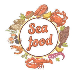海鲜餐厅的菜单设计与鱼 蟹和牡蛎。手绘制的矢量图