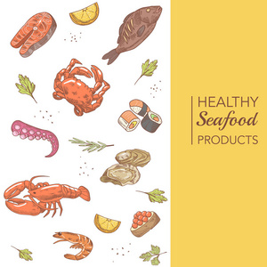 手绘海鲜菜单设计与鱼 蟹和牡蛎。矢量图