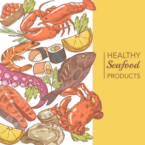 手与八达通鲑鱼和牡蛎的餐厅，菜单矢量图绘制海鲜设计