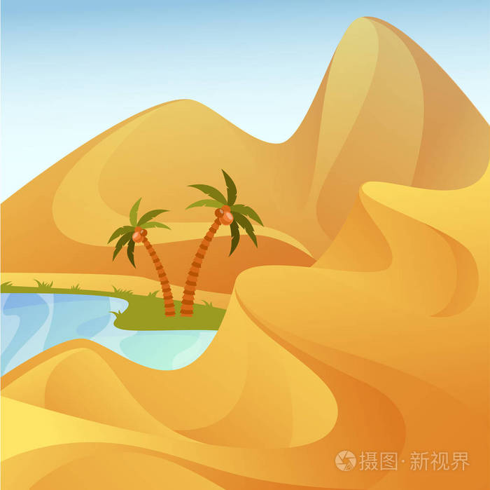 沙漠中的棕榈树绿洲与沙地丘陵