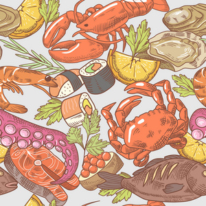 海食品手绘无缝模式。矢量背景与八达通，螃蟹和龙虾
