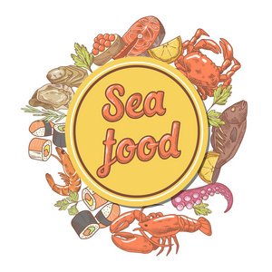 海鲜鱼蟹与龙虾餐厅菜单模板的设计。手画矢量图