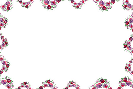 水彩框架与紫色的花朵和绿叶在白色的背景。设计元素