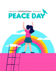 国际和平日例证, 世界儿童自由概念。自由女孩庆祝彩虹天空背景。Eps10 矢量