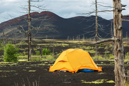 旅游帐篷在枯木灾难性释放的灰期间在 1975年奇克火山爆发的后果