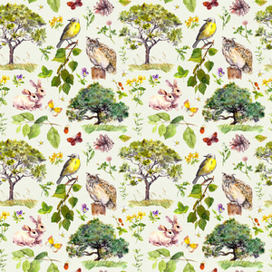 森林 鸟 兔 树 叶 花和草。无缝模式。水彩
