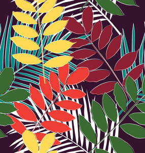 热带棕榈的图案, 丛林的叶子。矢量花纹图案