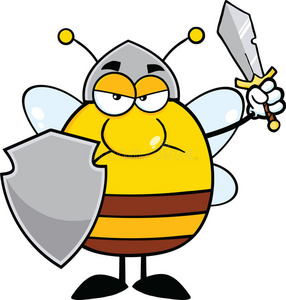 愤怒的矮胖的蜜蜂战士带着盾牌和剑