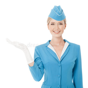 身着蓝色制服的迷人空姐手牵着手