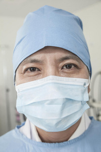 手术室带手术面罩和手术帽的外科医生肖像
