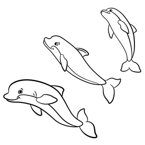 着色页。海洋野生动物。三个可爱的海豚跳