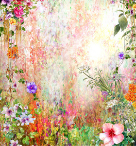 抽象的七彩花朵水彩画。多彩多姿的插图在春天