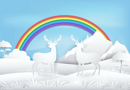 鹿站在森林里, 彩虹和蓝天。纸艺造纸工艺插图自然景观背景