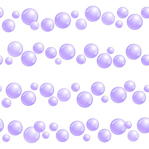 水平无缝肥皂气泡条纹, 线条与现实的水珠, 紫罗兰色斑点, 矢量泡沫例证