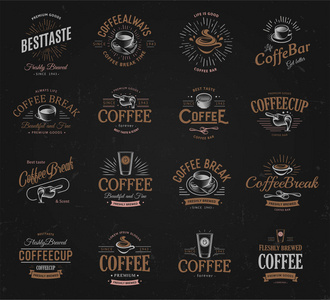咖啡的老式标志设置。刚煮好的黑暗饮料标识。溢价货物拿铁咖啡和浓缩咖啡业务复古标志集合设计。现代刻字徽章 cappucino