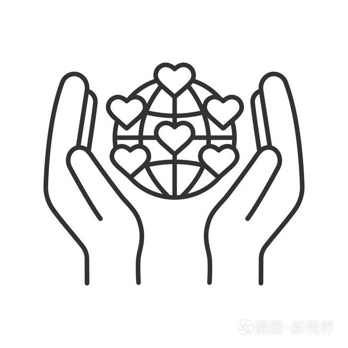 国际慈善机构线性图标.细线插图.手拿着心脏点的行星.