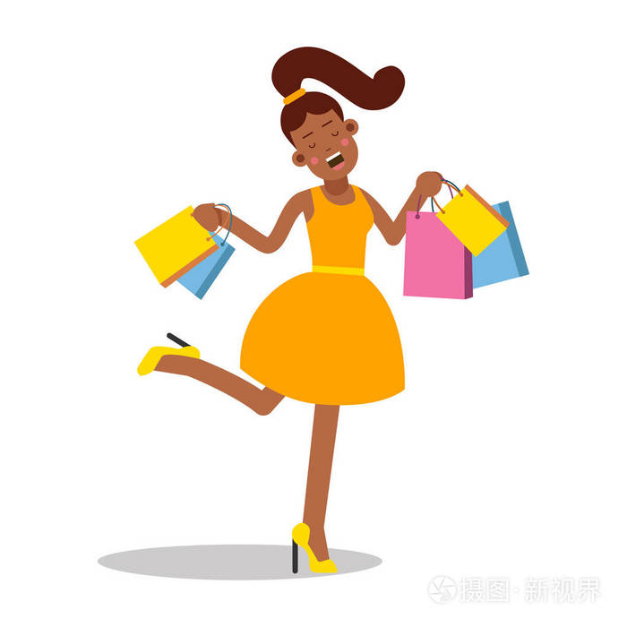 年轻快乐微笑女人在黄色的衣服站在一起购物袋卡通人物矢量图