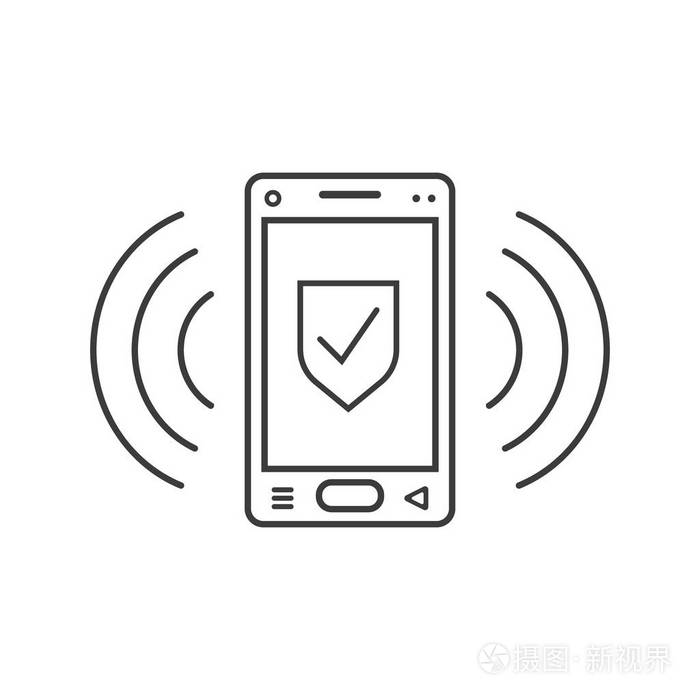 黑白线艺术铃声与盾牌标志和信号波智能手机图标