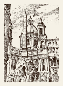在欧洲小镇在意大利罗马的景观。刻的手绘在旧素描和复古的风格。建筑物，全景视图的历史建筑。旅行明信片。纳沃纳广场