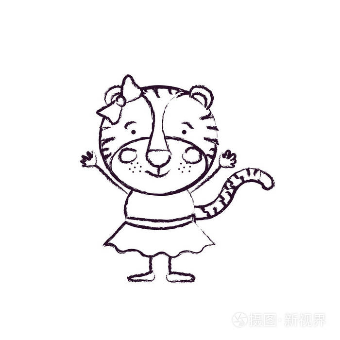 模糊轮廓漫画的可爱的笑容表达女性虎妞穿着裙子镶上弓花边用手了