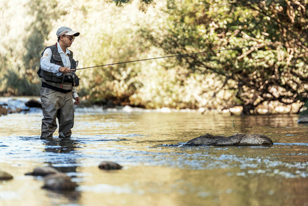 在美丽的河中使用 flyfishing 杆的飞钓者