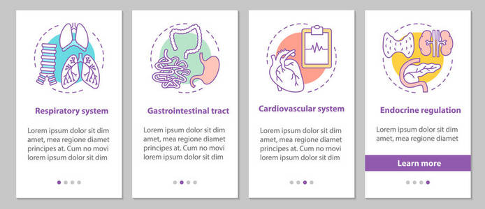 人体解剖学入职移动应用程序页面屏幕的概念。呼吸和心血管系统, 胃肠道步骤图解说明。带有插图的 UxUiGui 向量模板